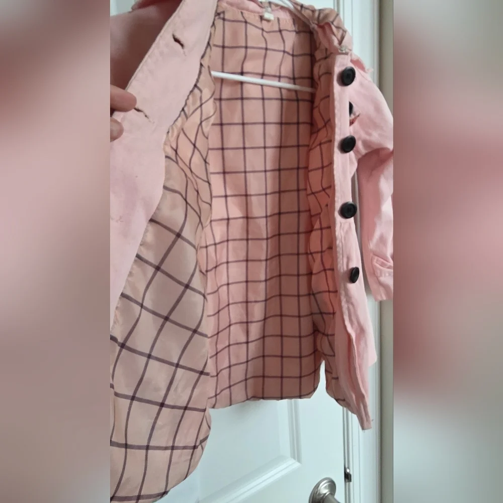 Girls Pink Hooded Coat Plaid Lined Button Front Jacket